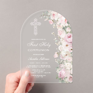Invitaciones Acrílicas Flores rosadas pálidas Arco Primera Comunión Helad