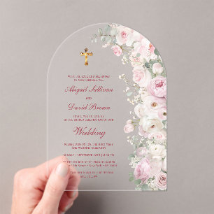 Invitaciones Acrílicas Flores rosadas pálidas arcos bodas religiosas