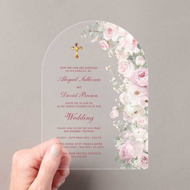 Invitaciones Acrílicas Flores rosadas pálidas arcos bodas religiosas (Insitu (portátil))