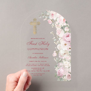 Invitaciones Acrílicas Flores rosadas pálidas arcos Primera Comunión clar