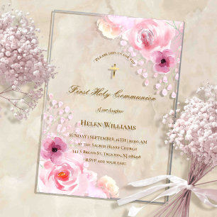 Invitaciones Acrílicas flores rosadas Primera Comunión