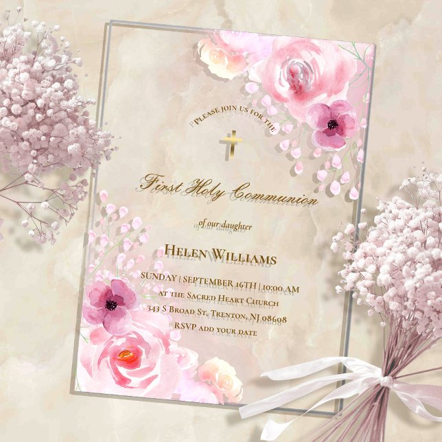 Invitaciones Acrílicas flores rosadas Primera Comunión (Subido por el creador)