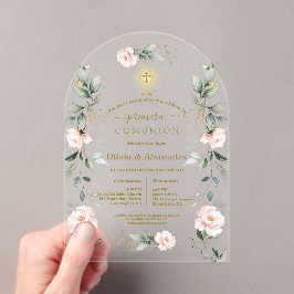 Invitaciones Acrílicas Flores rosadas Primera Comunión Gemelas Comunión