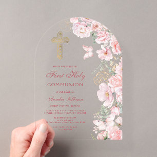 Invitaciones Acrílicas Flores rosadas y mariposas arco Primera Comunión
