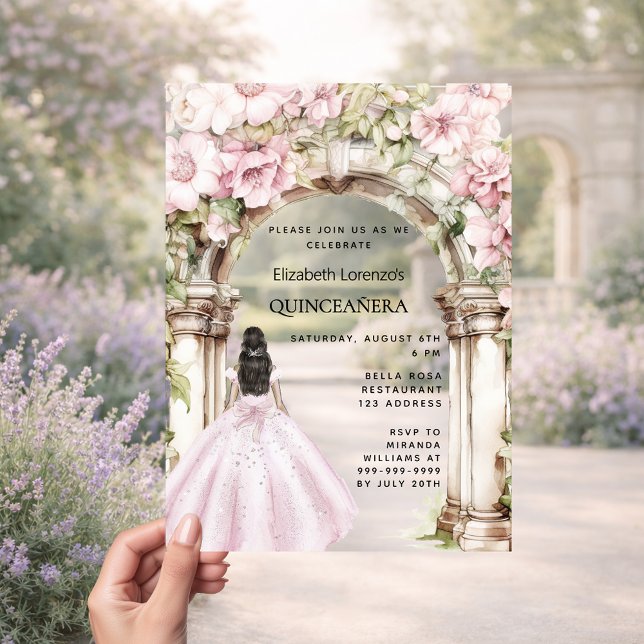 Invitaciones Acrílicas Flores rosas arco vestido claro Quinceanera (Subido por el creador)