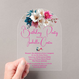 Invitaciones Acrílicas Flores rosas azules blancas de la fiesta de cumple