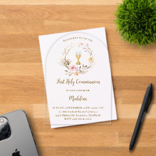 Invitaciones Acrílicas flores rosas beige Primera Comunión