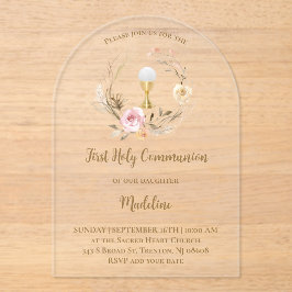 Invitaciones Acrílicas flores rosas beige | Primera Comunión