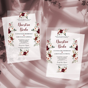 Invitaciones Acrílicas Flores rosas borgoñonas españolas Nuestra Boda