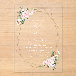 Invitaciones Acrílicas Flores Rubor, flores rosadas, Boho, Baby Shower