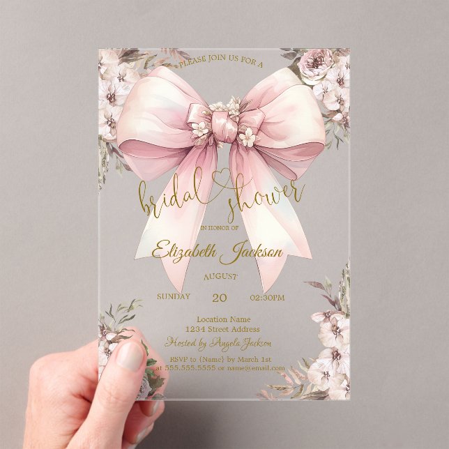 Invitaciones Acrílicas Flores Rústicas Chic con Lazo Rosa para Despedida  (Insitu (portátil))