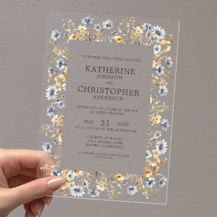 Invitaciones Acrílicas Flores salvajes azul turquesa elegante boda