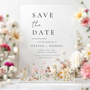 Invitaciones Acrílicas Flores salvajes Beige Boho Salva la fecha Minimali