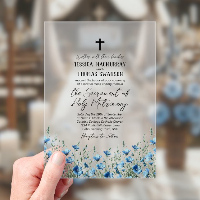 Invitaciones Acrílicas Flores salvajes del Boho azul Boda católico modern (Frosted Acrylic with Rectangle Cut)