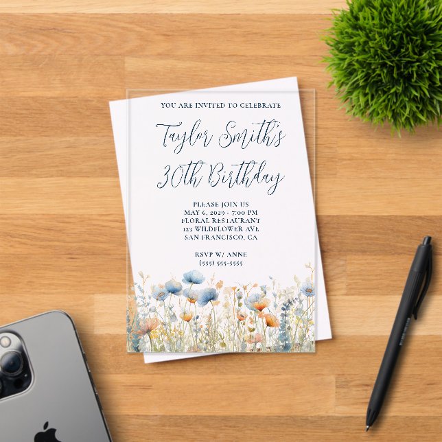 Invitaciones Acrílicas Flores salvajes Dusty Blue Peach 30 cumpleaños (Insitu (Tarjeta de Invitación))