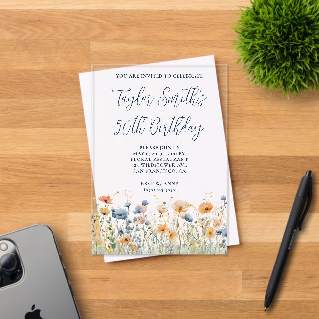 Invitaciones Acrílicas Flores salvajes Dusty Blue Peach 50 cumpleaños (Insitu (Tarjeta de Invitación))