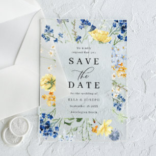 Invitaciones Acrílicas Flores Silvestres Azules y Amarillas Boda Save The