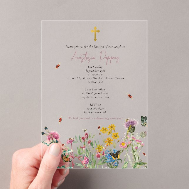Invitaciones Acrílicas Flores silvestres Bautismo griego ortodoxo cristia (Insitu (portátil))