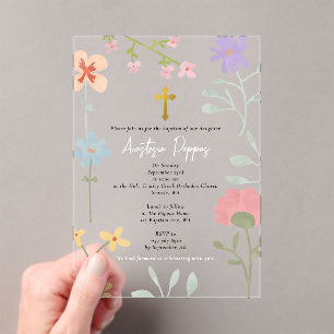 Invitaciones Acrílicas Flores silvestres Bautismo griego ortodoxo cristia