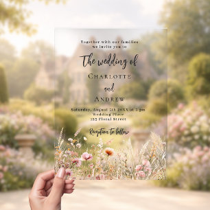 Invitaciones Acrílicas Flores silvestres beige crema rosa claro boda