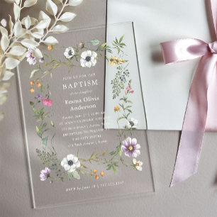 Invitaciones Acrílicas Flores Silvestres Botánicas Bautizo Elegante y B