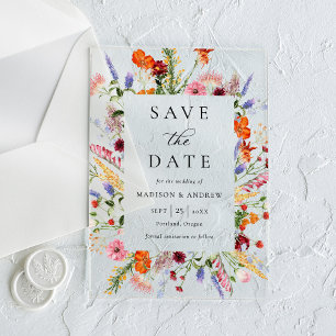 Invitaciones Acrílicas Flores Silvestres Coloridas de Boda Salva la Fecha