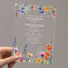 Invitaciones Acrílicas Flores silvestres coloridas Elegante Boda transpar