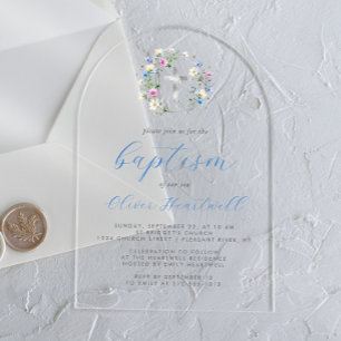 Invitaciones Acrílicas Flores Silvestres Cruz de Plata Azul Escritura Bau