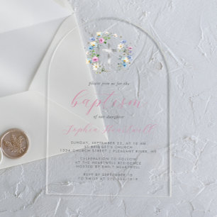 Invitaciones Acrílicas Flores Silvestres Cruz de Plata Rosa Letra de Niña