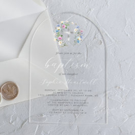 Invitaciones Acrílicas Flores silvestres Cruz plateada Blanca Escritura B