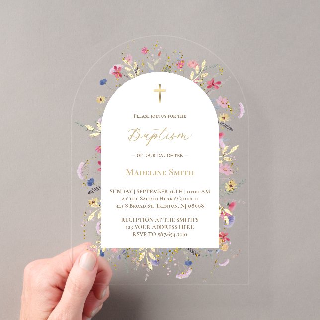 Invitaciones Acrílicas Flores silvestres de bautizo (Insitu (portátil))