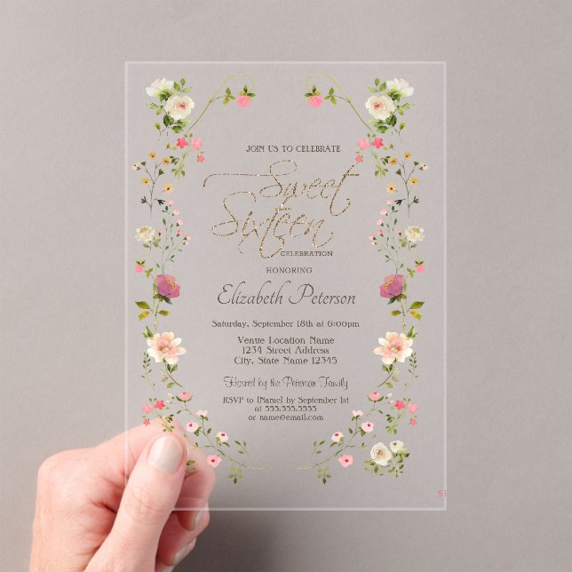 Invitaciones Acrílicas Flores Silvestres Elegantes Cumpleaños 16 (Insitu (portátil))