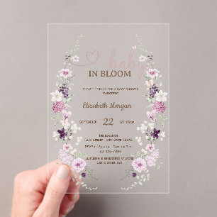 Invitaciones Acrílicas Flores Silvestres Lilas Mariposas Rayas Rosadas