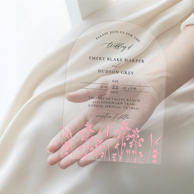 Invitaciones Acrílicas Flores silvestres Moda Arco moderno rosa Boda tran (clear wedding invitation acrylic boho arch wildflowers sketch pink garden modern calligraphy)