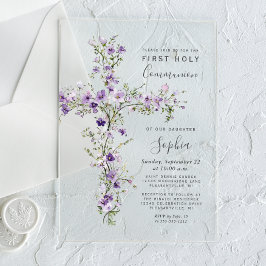 Invitaciones Acrílicas Flores Silvestres Moradas Cruz Floral Primera Comu