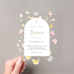 Invitaciones Acrílicas flores silvestres niña Bautizo