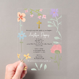 Invitaciones Acrílicas Flores silvestres Ortodoxo Griego Bautizo Bautismo