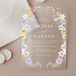 Invitaciones Acrílicas Flores silvestres pastel vibrantes boda moderna