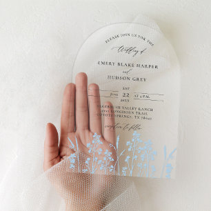 Invitaciones Acrílicas Flores silvestres Peri Azul Arco moderno Boda tran