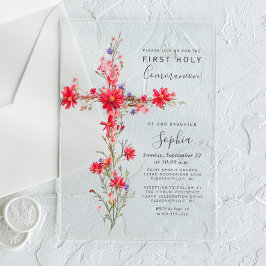 Invitaciones Acrílicas Flores silvestres rojas Cruz floral Primera Comuni