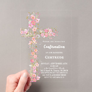 Invitaciones Acrílicas flores silvestres rosadas cruz confirmación