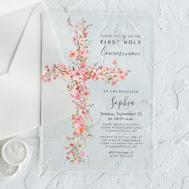 Invitaciones Acrílicas Flores silvestres rosadas Cruz floral Primera Comu