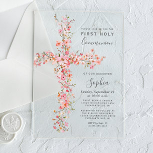 Invitaciones Acrílicas Flores silvestres rosadas Cruz floral Primera Comu