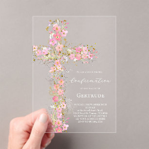 Invitaciones Acrílicas flores silvestres rosadas cruzan Confirmación