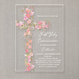Invitaciones Acrílicas flores silvestres rosadas Primera Comunión