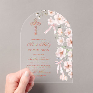 Invitaciones Acrílicas Flores silvestres rosadas y arco de lazos para Pri