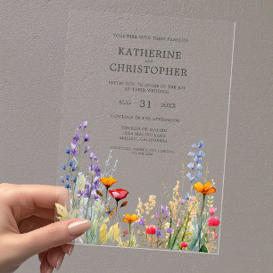 Invitaciones Acrílicas Flores silvestres vibrantes Elegante Boda transpar