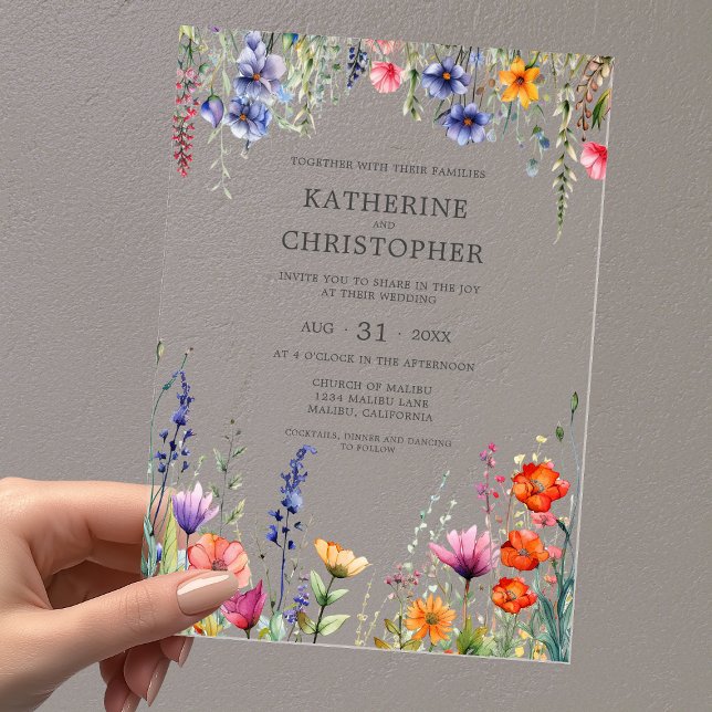Invitaciones Acrílicas Flores silvestres vibrantes Elegante Boda transpar (Colorful Wildflowers Elegant Wedding Clear Acrylic Invitation with Watercolor Pink, Orange, Purple)