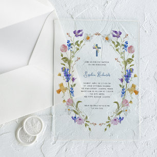 Invitaciones Acrílicas Flores silvestres y mariposas   Foto de Baptismo d