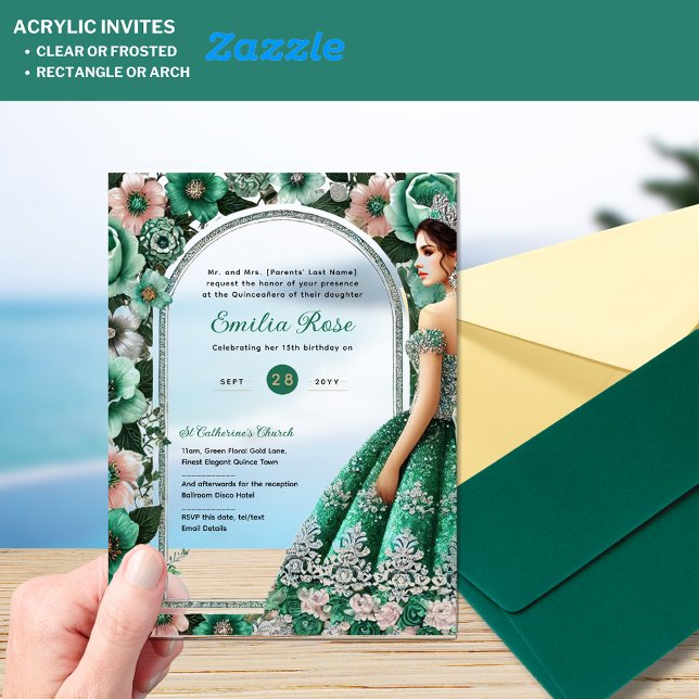 Invitaciones Acrílicas Flores Tiara de salsa de vino verde esmeralda de p (Subido por el creador)